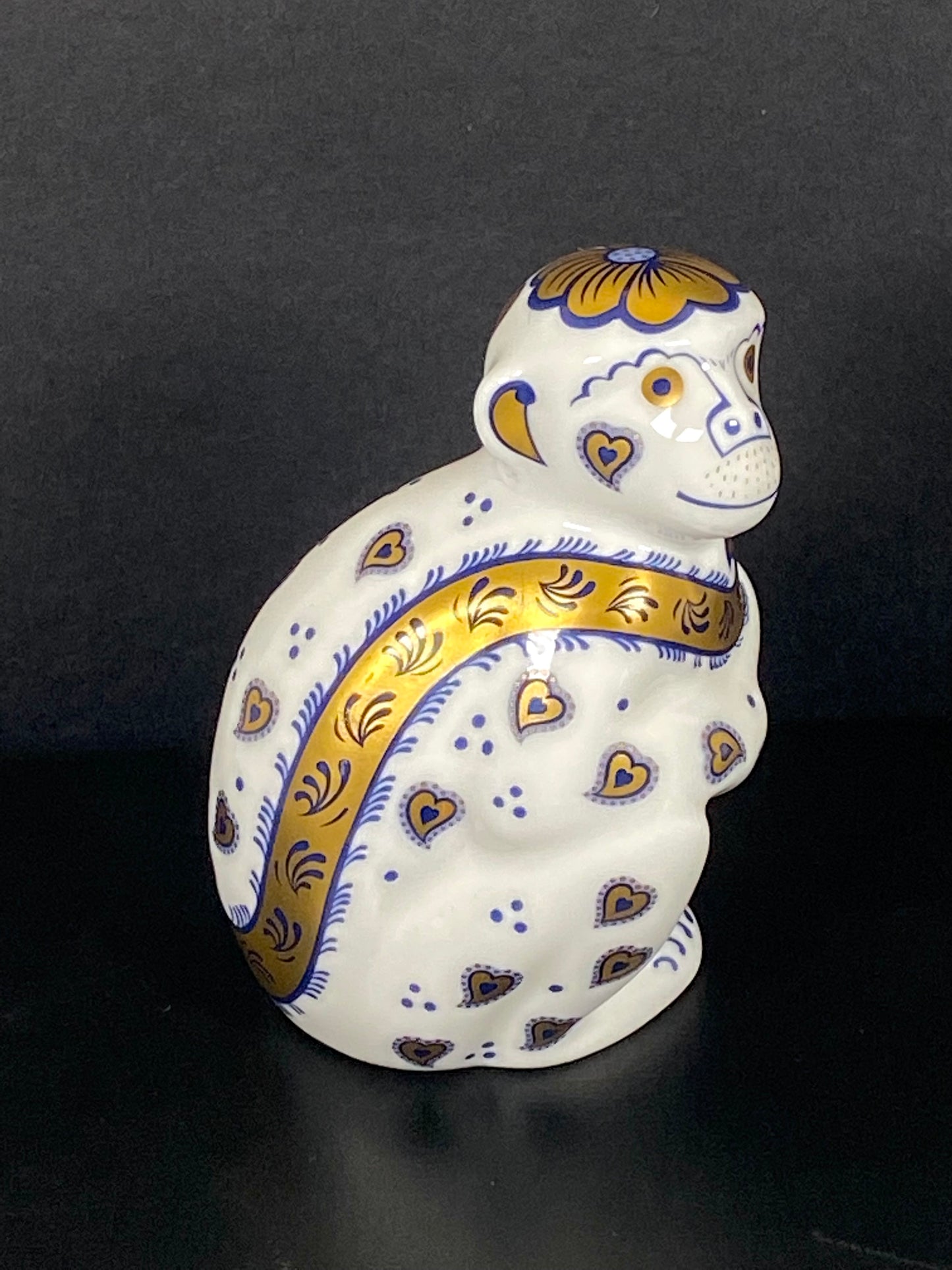Vintage Royal Crown Derby Cobalt and Gilt Limited Edition Monkey Porcelain Paperweight or Figurine