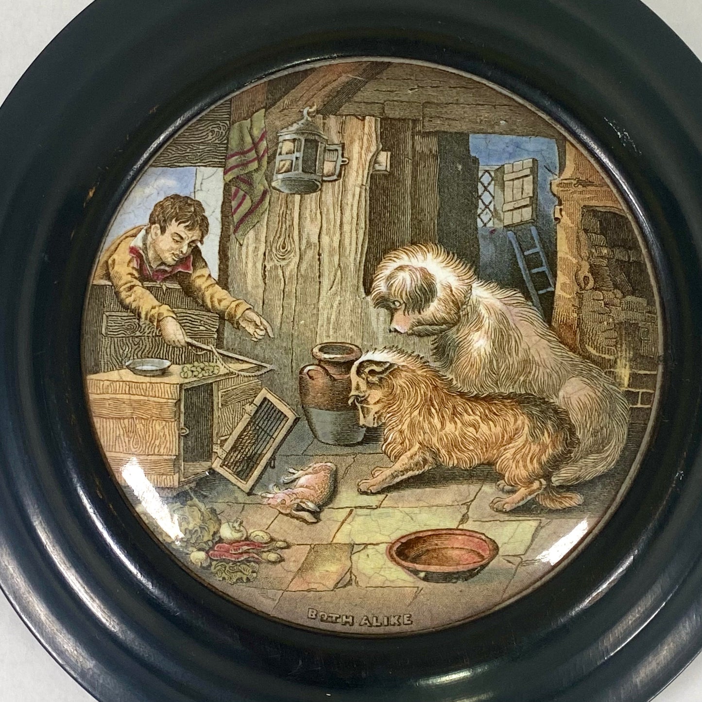 Tapa de olla Prattware victoriana con marco de madera ebonizada, "Ambas iguales", mediados del siglo XIX