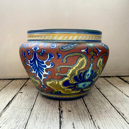 Rare Gouda Dutch Art Deco Pottery Cache Pot / Jardiniere, Rhodian Pattern c.1921