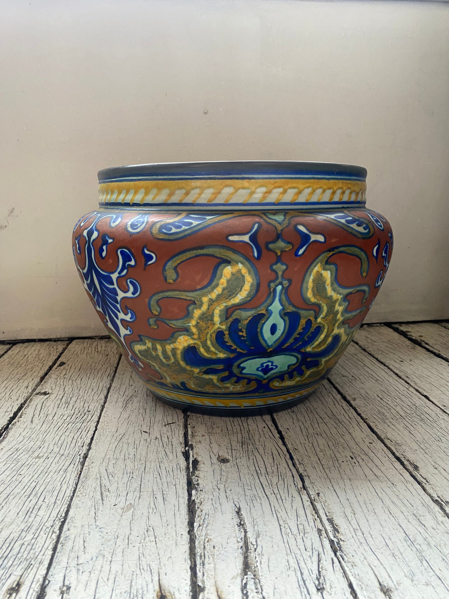 Rare Gouda Dutch Art Deco Pottery Cache Pot / Jardiniere, Rhodian Pattern c.1921