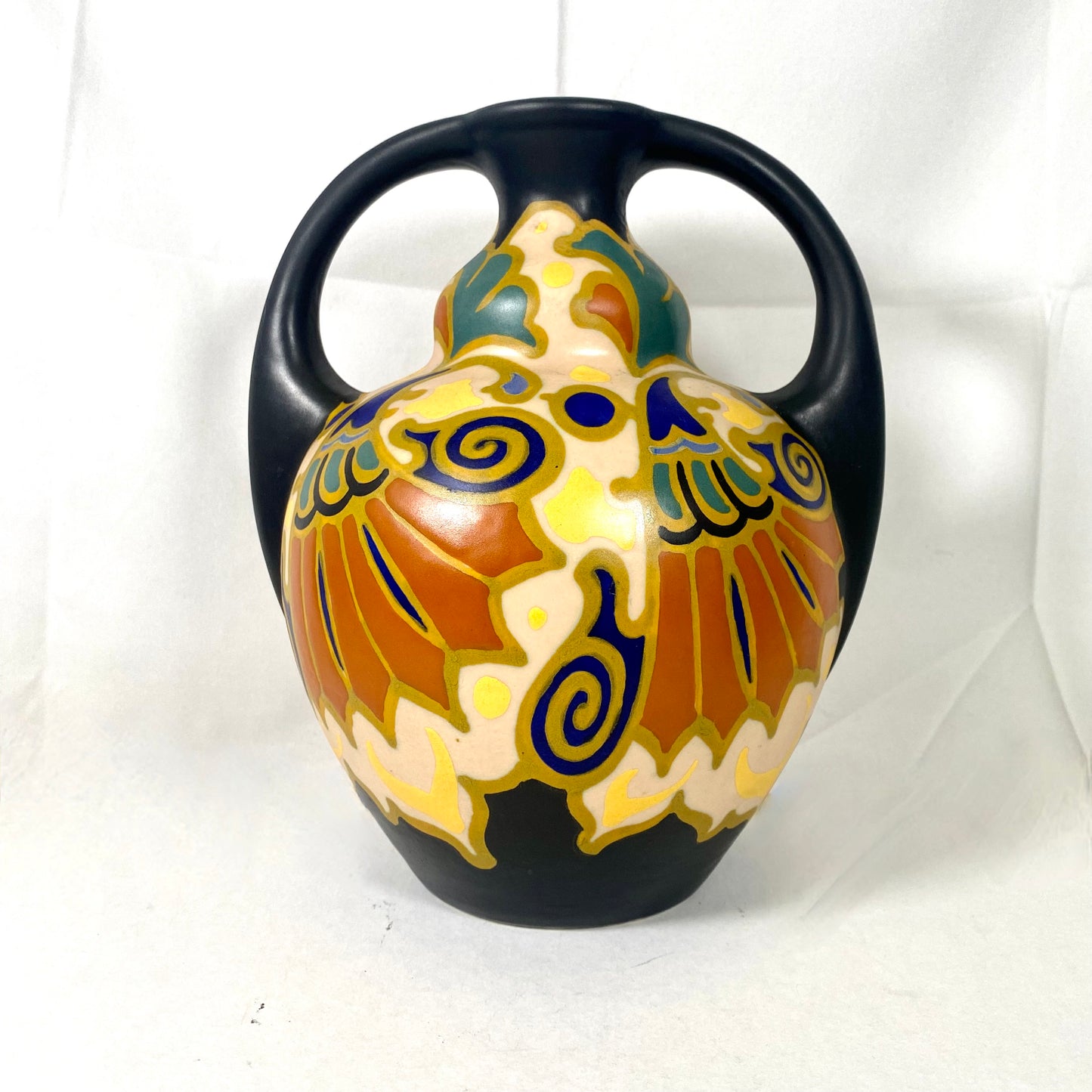 Rare Gouda Dutch Art Deco Pottery Twin-Handled Amphora Vase, Darla Pattern c.1920s