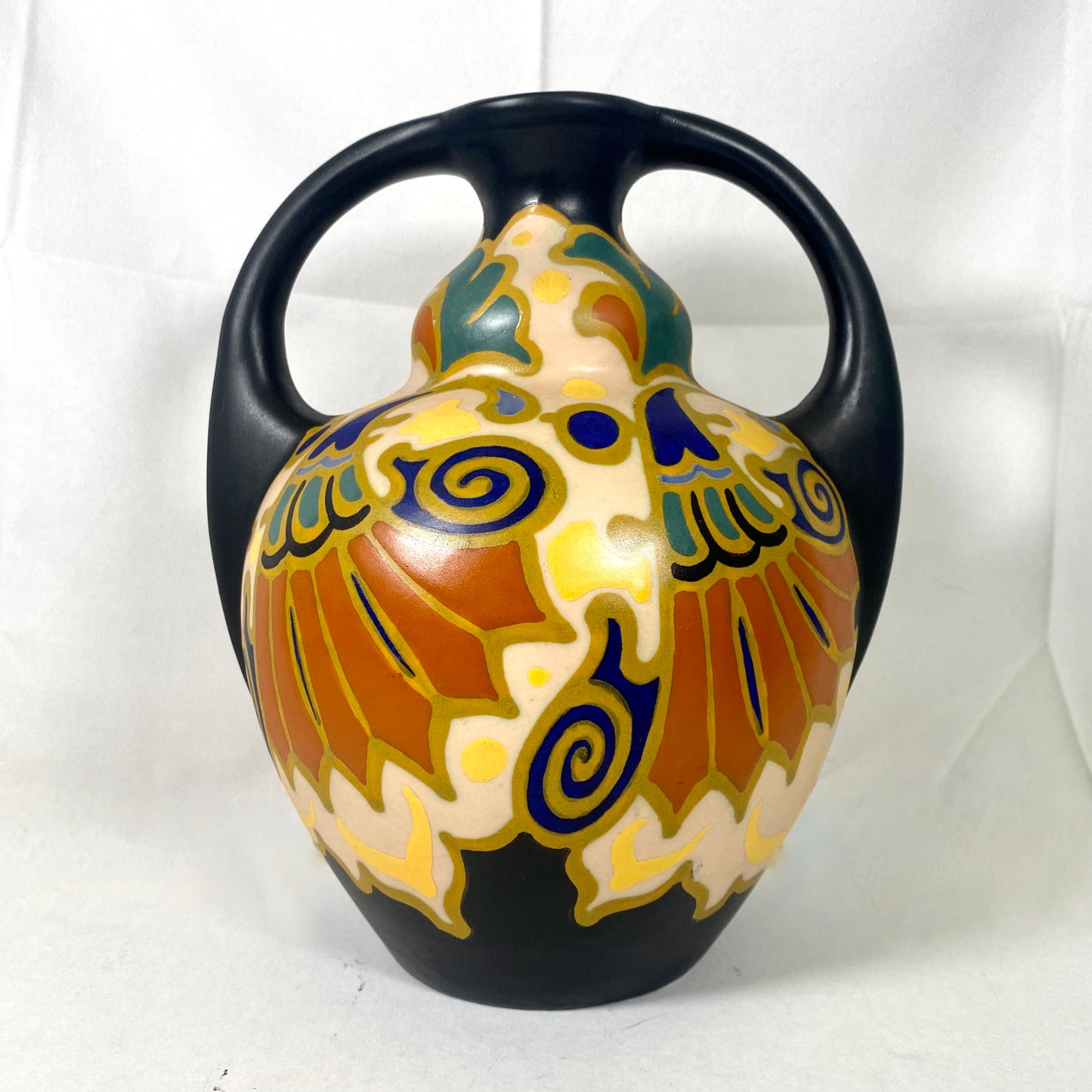 Rare Gouda Dutch Art Deco Pottery Twin-Handled Amphora Vase, Darla Pattern c.1920s