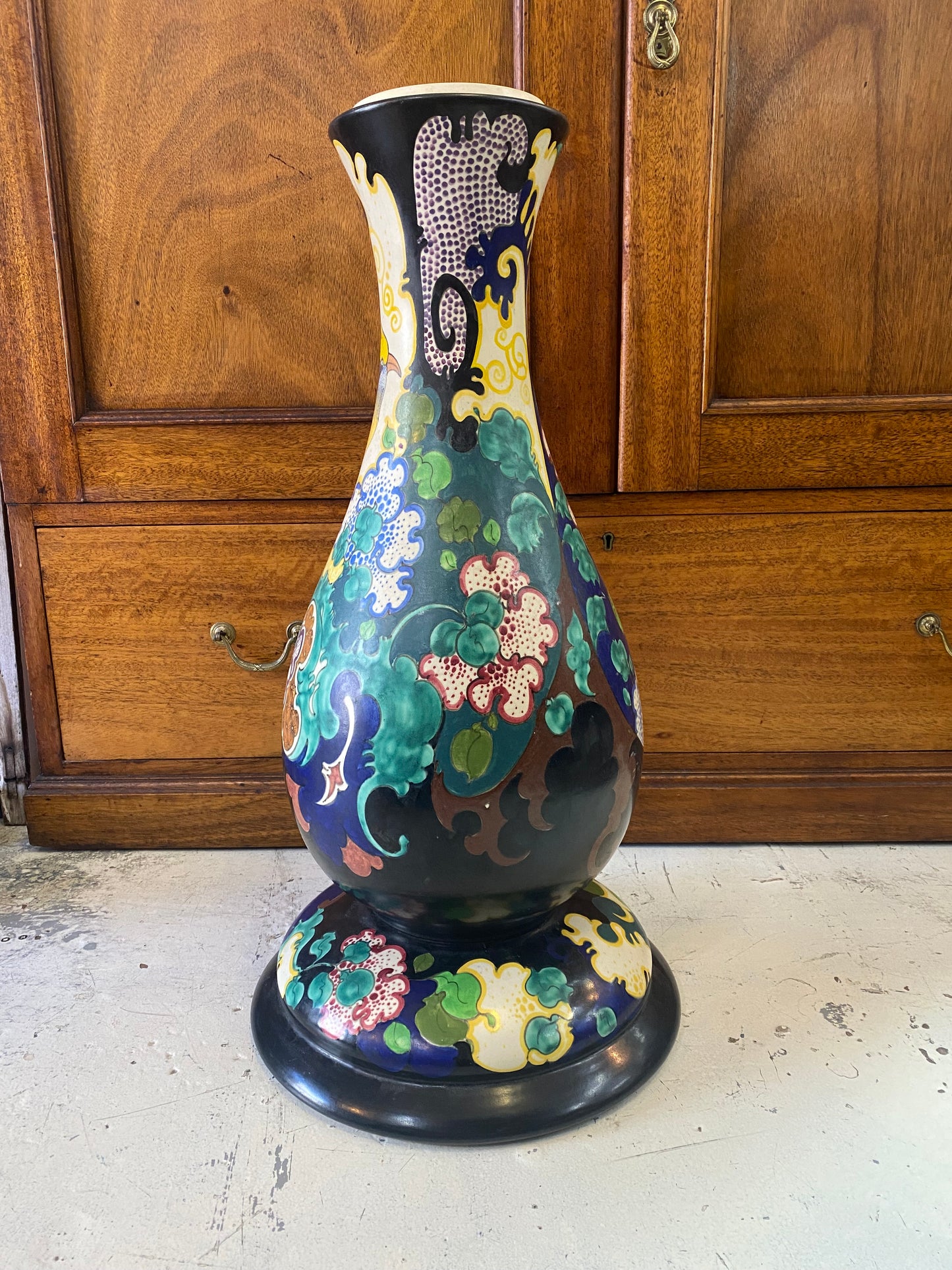 Rare Antique Gouda Ivora Dutch Art Deco Pottery Nova 30 Pattern Pedestal / Stand, Rare Bird Motif