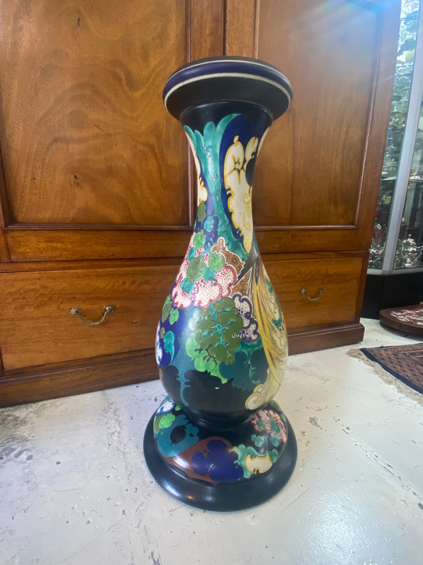 Rare Antique Gouda Ivora Dutch Art Deco Pottery Nova 30 Pattern Pedestal / Stand, Rare Bird Motif