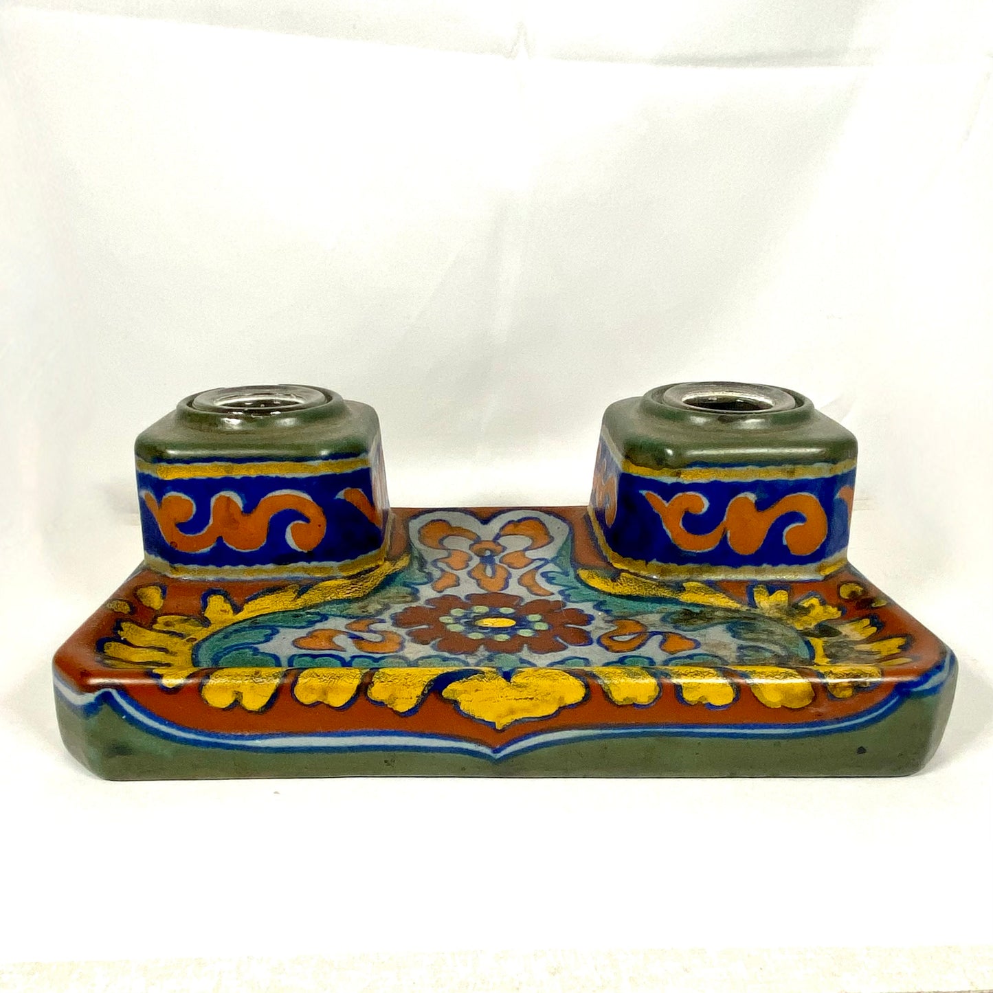 Gouda Dutch Art Pottery inkwell desk set circa 1920s, RARE