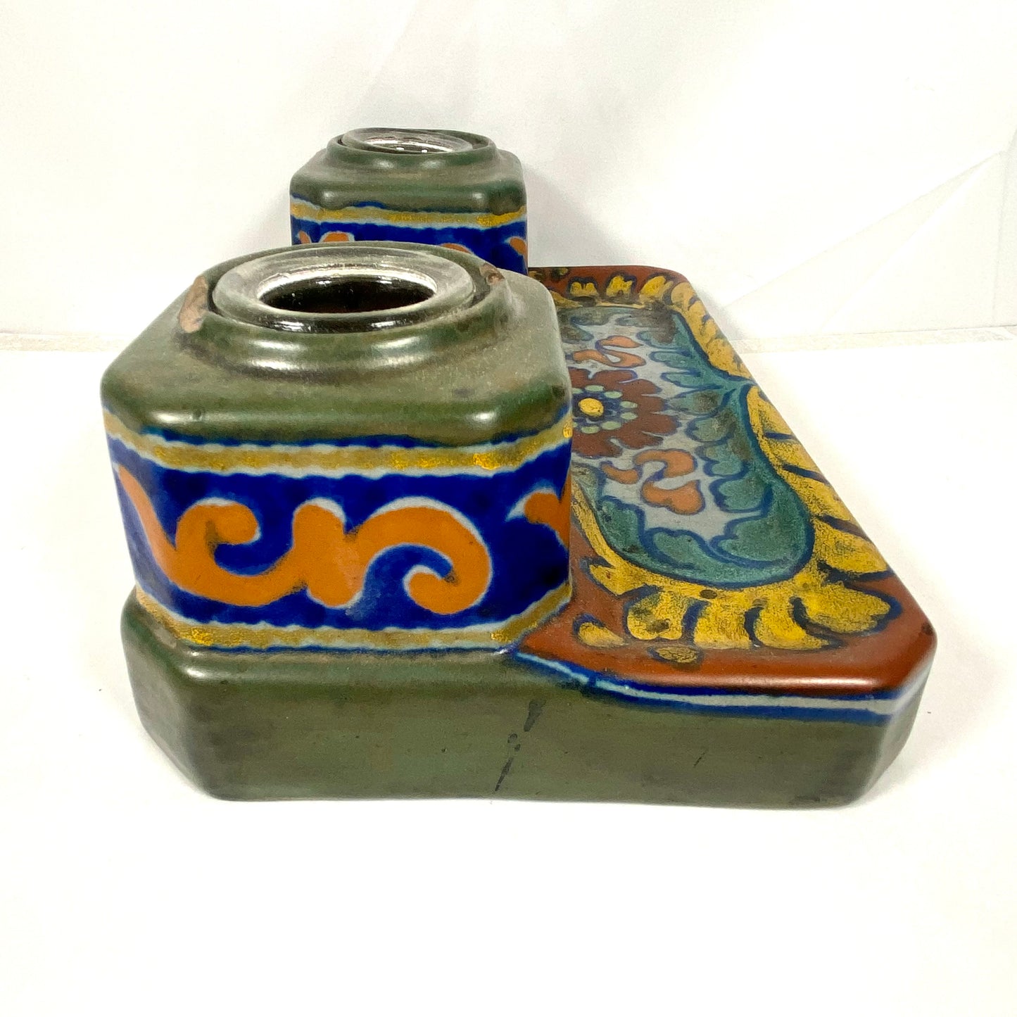 Gouda Dutch Art Pottery inkwell desk set circa 1920s, RARE