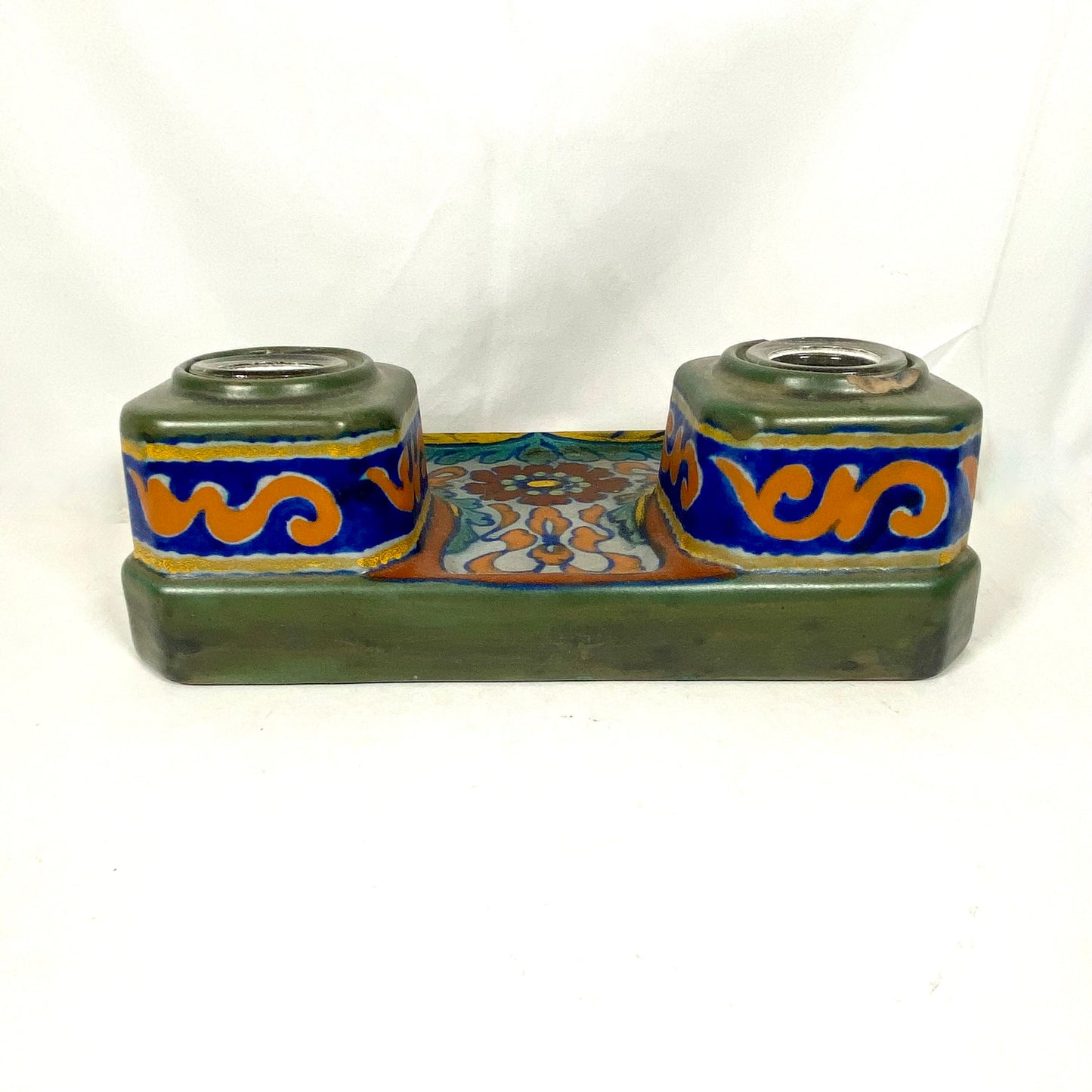 Gouda Dutch Art Pottery inkwell desk set circa 1920s, RARE