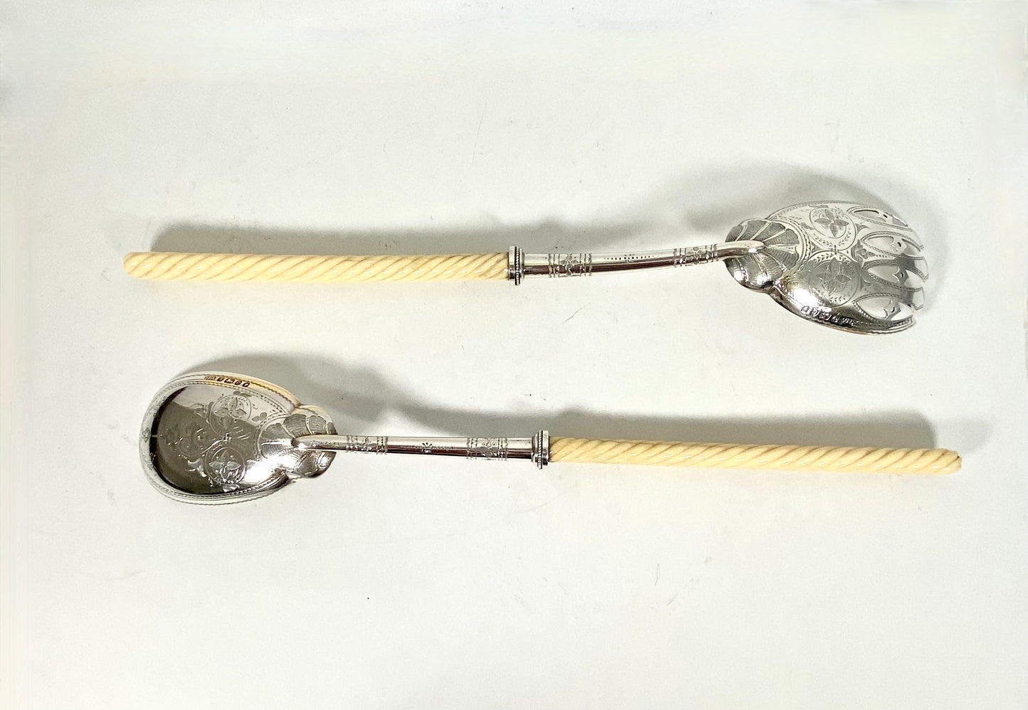 High Victorian sterling silver and ivory salad servers. Sheffield 1850, Henry Atkin. Case by SJ Philips.