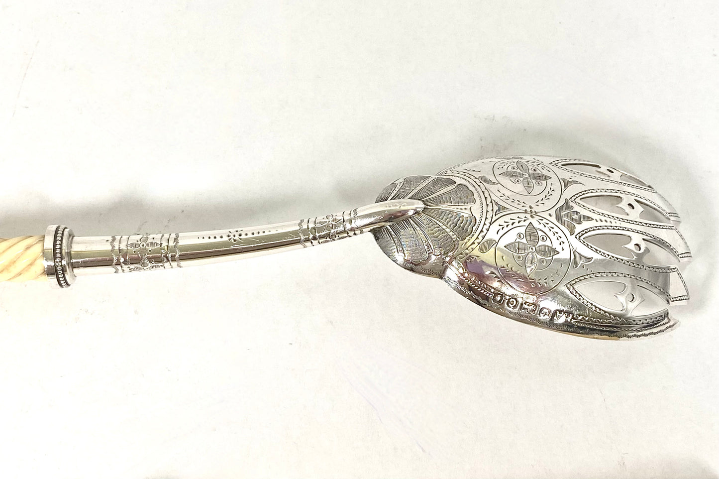 High Victorian sterling silver and ivory salad servers. Sheffield 1850, Henry Atkin. Case by SJ Philips.