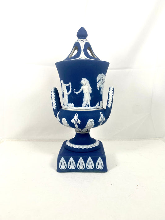 Rare Antique Victorian / 19th Century Adams of Tunstall Cobalt Jasperware Potpourri Lidded Vase / Urn