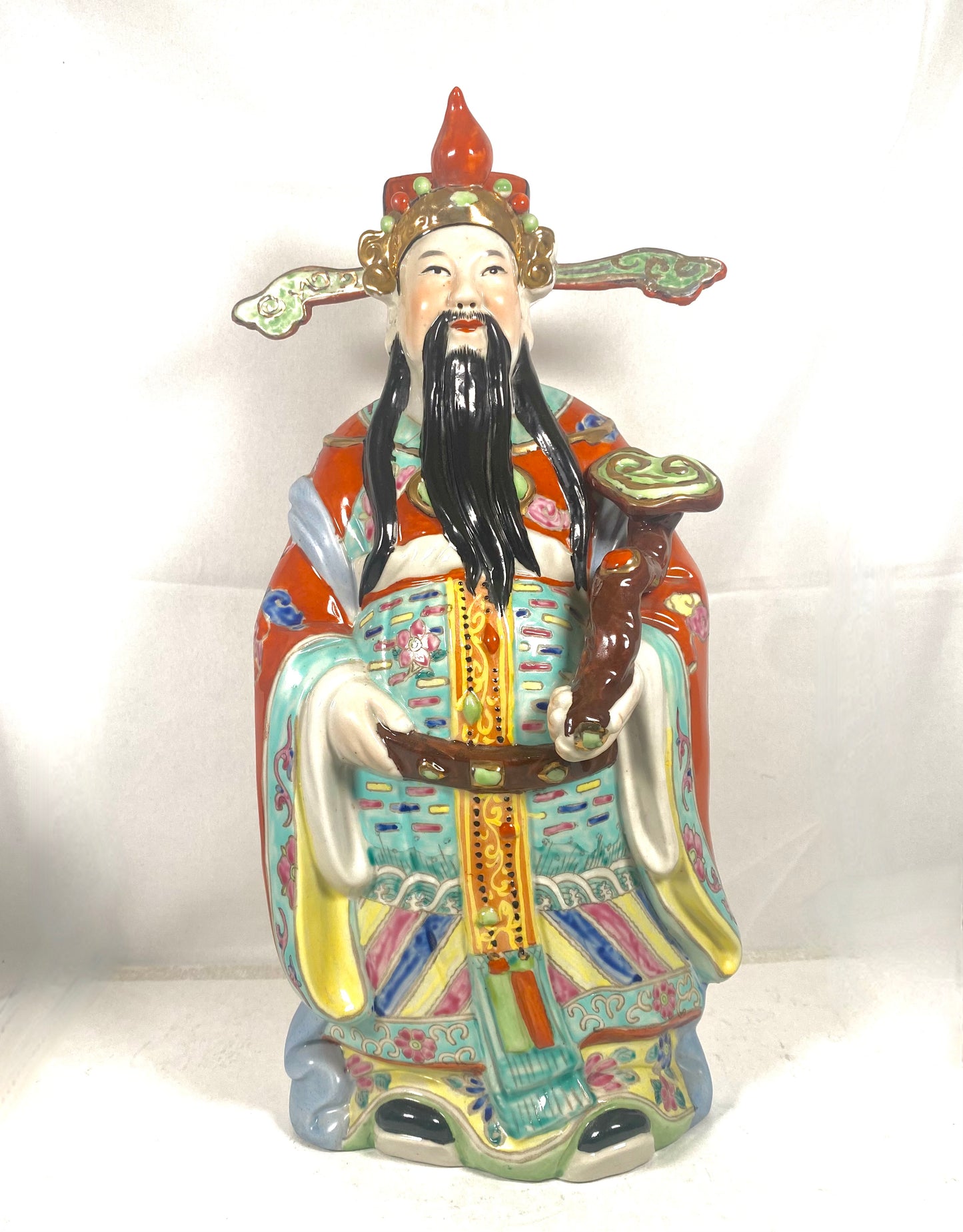 Large Midcentury Cantonese Lu deity with famille rose enamels circa 1960s to 70s, Hong Kong Vintage