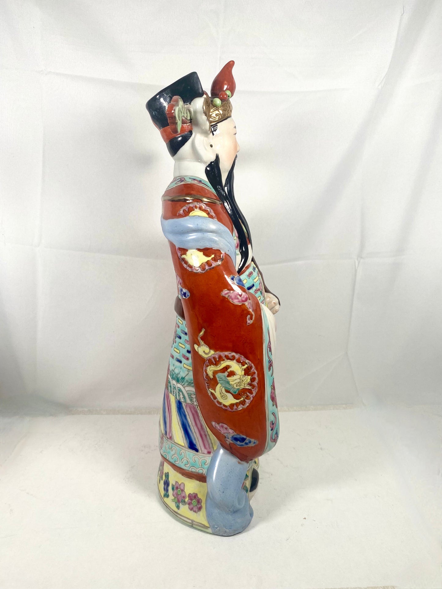 Large Midcentury Cantonese Lu deity with famille rose enamels circa 1960s to 70s, Hong Kong Vintage