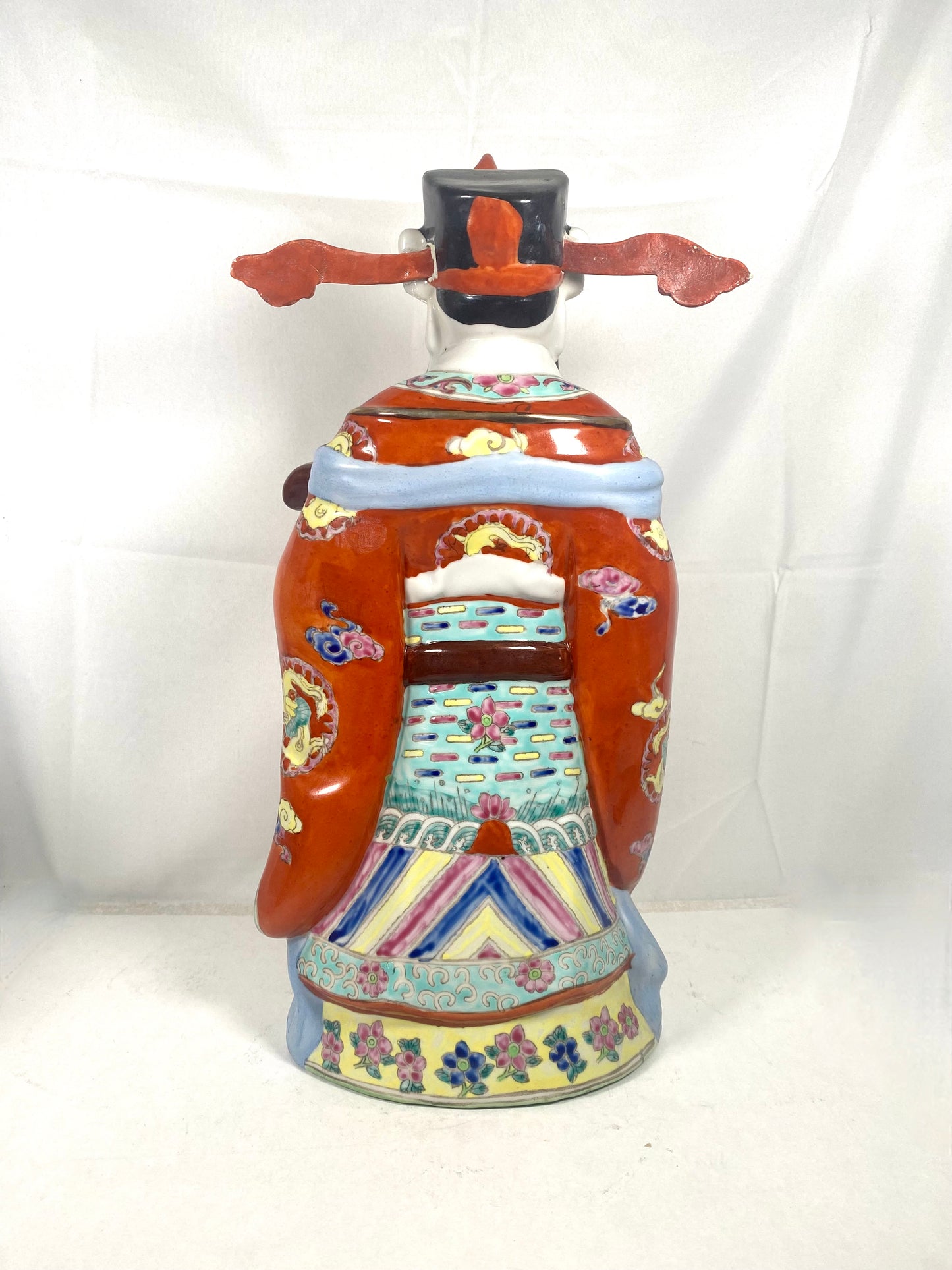Large Midcentury Cantonese Lu deity with famille rose enamels circa 1960s to 70s, Hong Kong Vintage