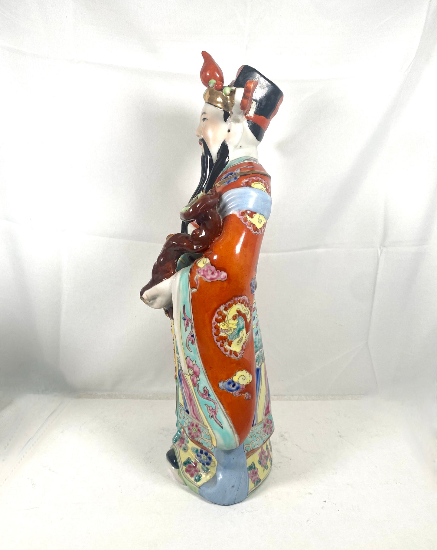 Large Midcentury Cantonese Lu deity with famille rose enamels circa 1960s to 70s, Hong Kong Vintage