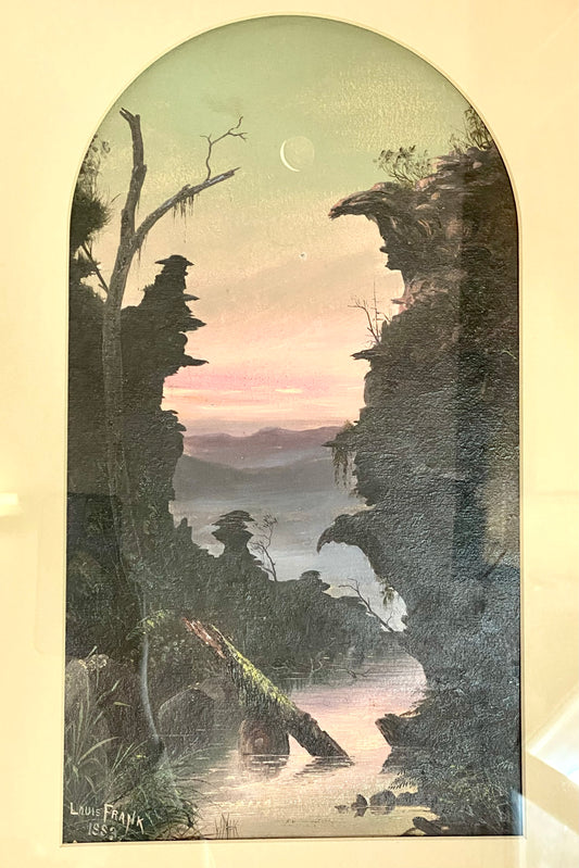 Late 19th Century Australian Colonial Oil Painting “Gorge Near Blackheath, Blue Mountains After Sunset 1883”. Louis Frank, New South Wales.