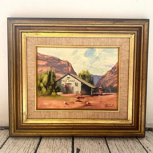 “The Gap Store, Alice Springs". 20th century oil Australian outback painting by listed artist Leslie A. Campbell