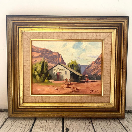 “The Gap Store, Alice Springs”. Pintura al óleo del siglo XX sobre el interior de Australia, obra del artista Leslie A. Campbell.