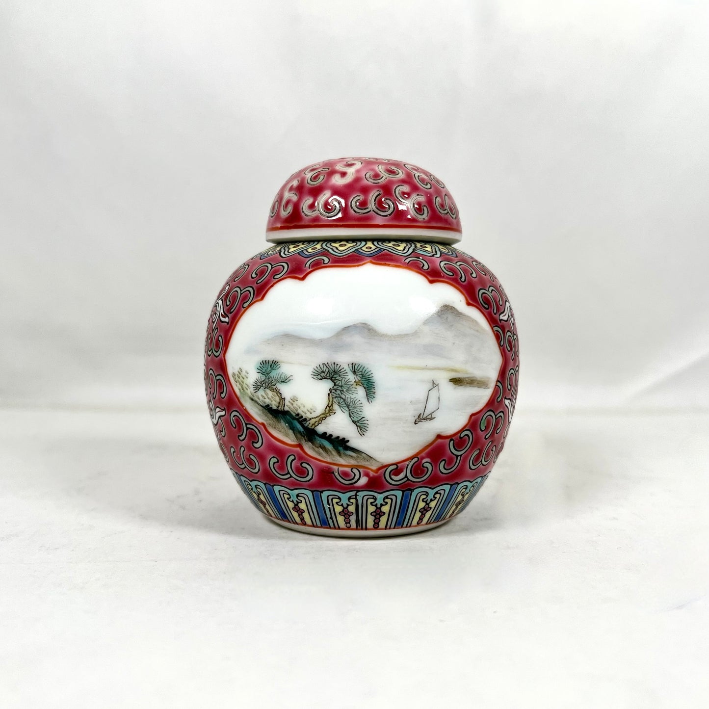 Midcentury 1960s-1980s Lidded Red Jingdezhen Ginger Jar with Hand-painted Mountain Scenes