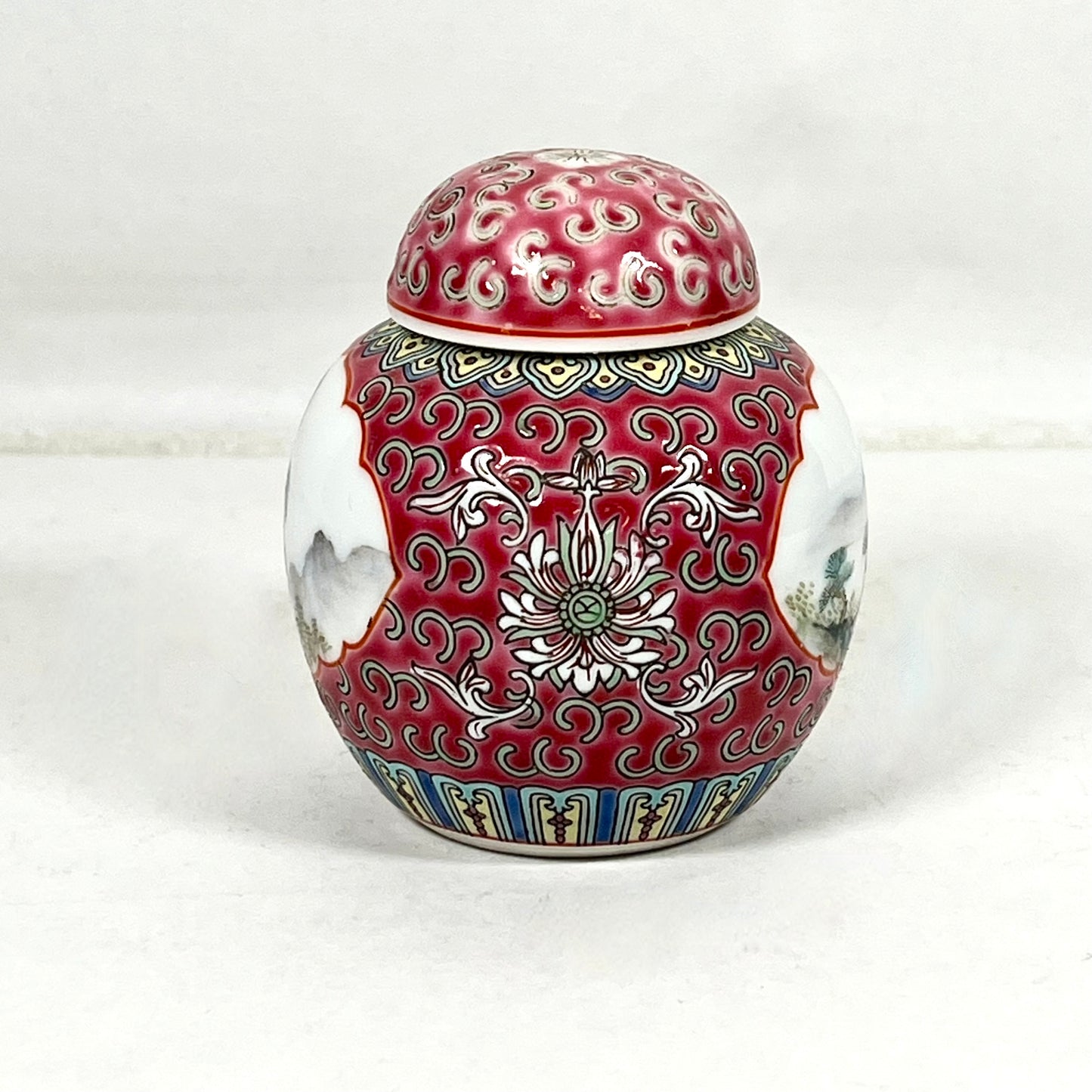 Midcentury 1960s-1980s Lidded Red Jingdezhen Ginger Jar with Hand-painted Mountain Scenes