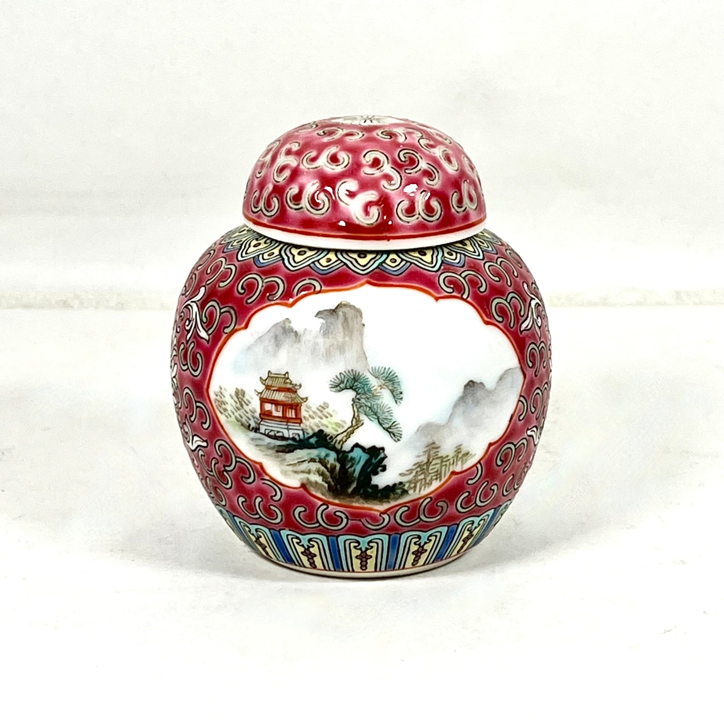 Midcentury 1960s-1980s Lidded Red Jingdezhen Ginger Jar with Hand-painted Mountain Scenes