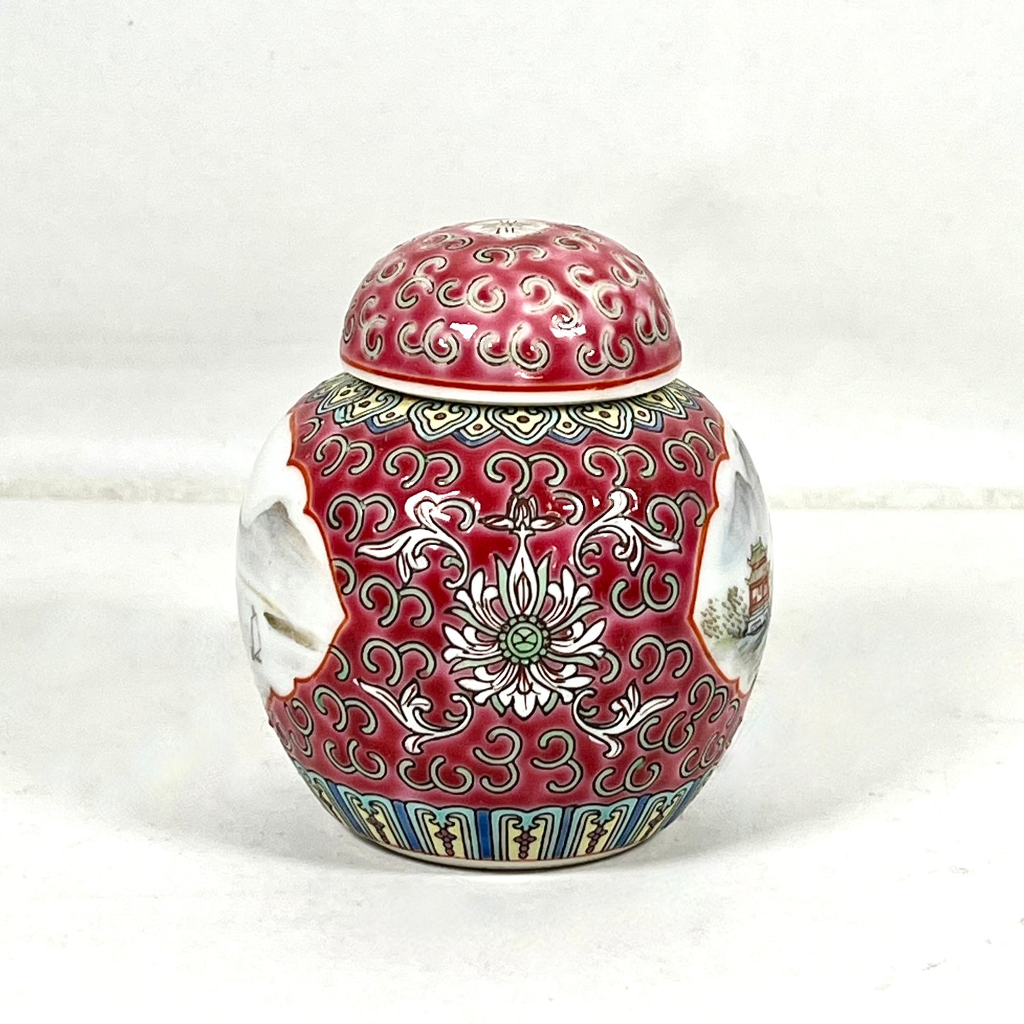 Midcentury 1960s-1980s Lidded Red Jingdezhen Ginger Jar with Hand-painted Mountain Scenes