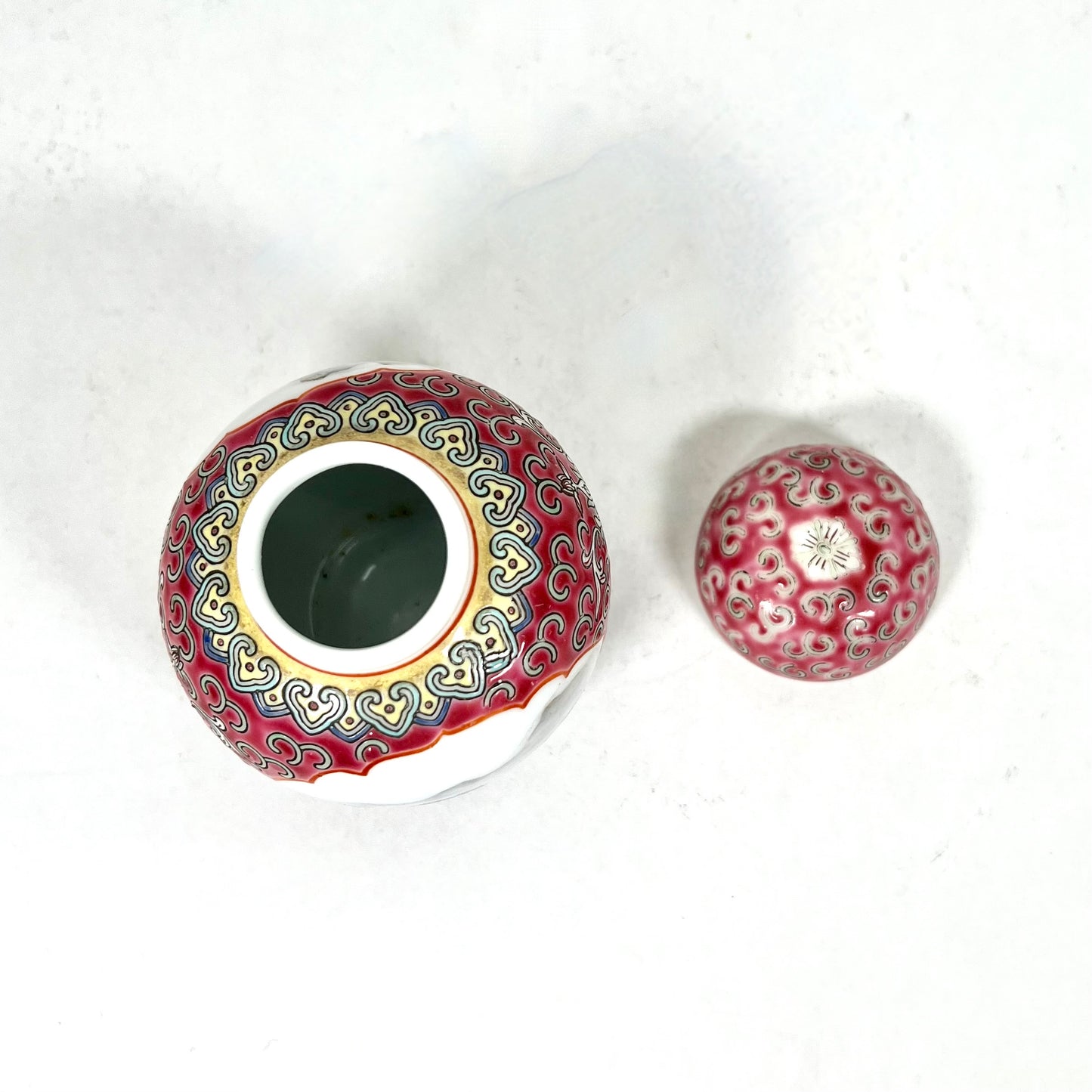 Midcentury 1960s-1980s Lidded Red Jingdezhen Ginger Jar with Hand-painted Mountain Scenes