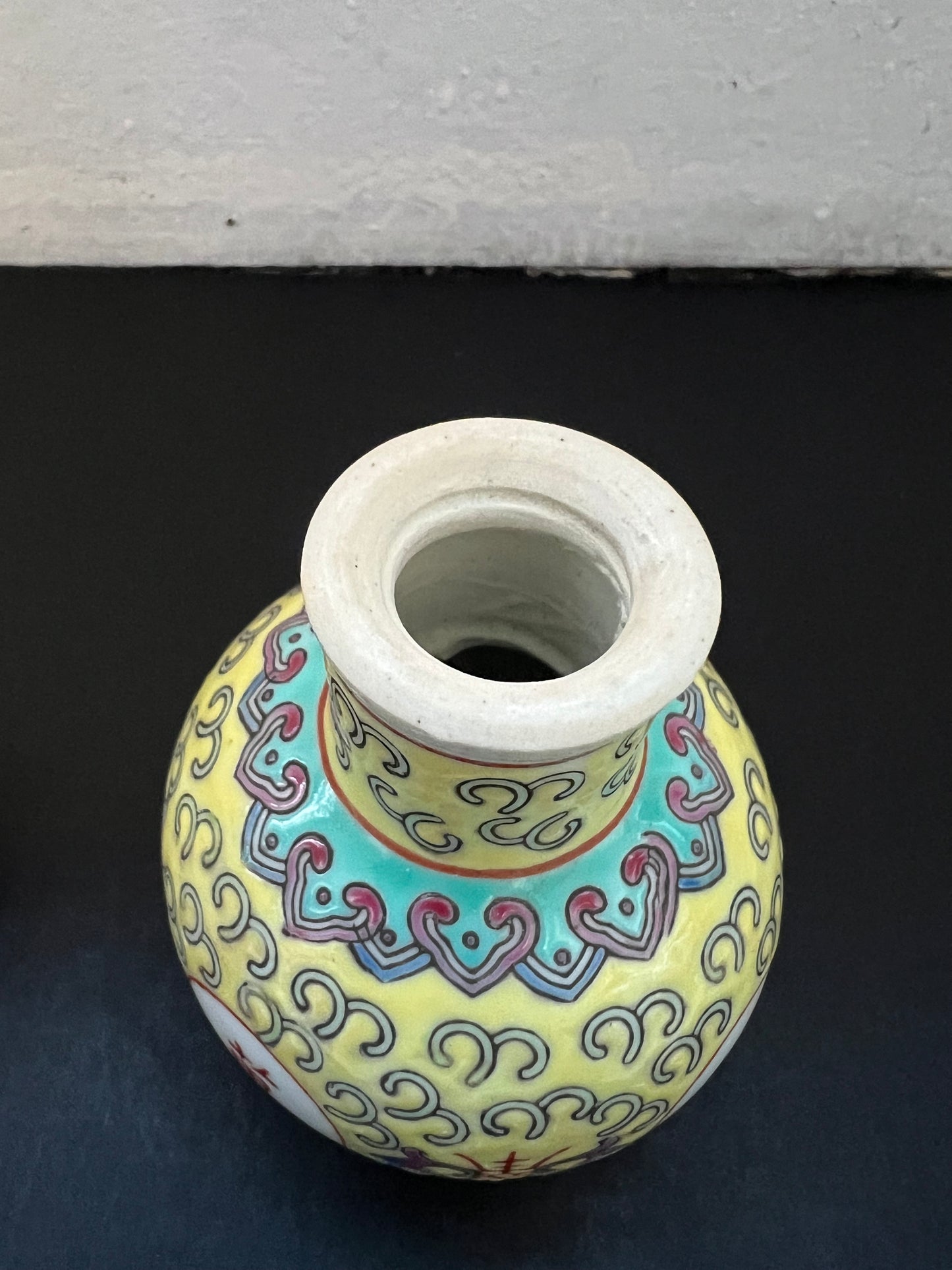 Midcentury 1970s Lidded Jingdezhen Yellow Mun Shou Longevity Porcelain Soy Sauce jars, Screw Top Lids