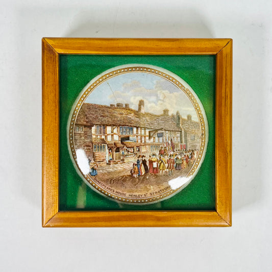 Lovely Timber Shadow Box Frame, Victorian Prattware Pot Lid of Shakespeare's House, Mid 19th Century