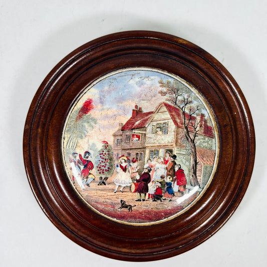 Original Wood Frame, Victorian Prattware Pot Lid with Countryside Village Scene, Mid 19th Century