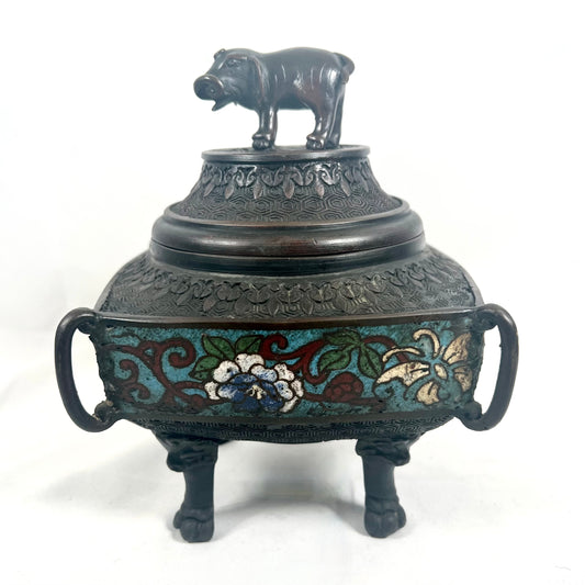 Late 19th century Meiji period Japanese Bronze and Champleve Enamel Censer, Elephant Finial