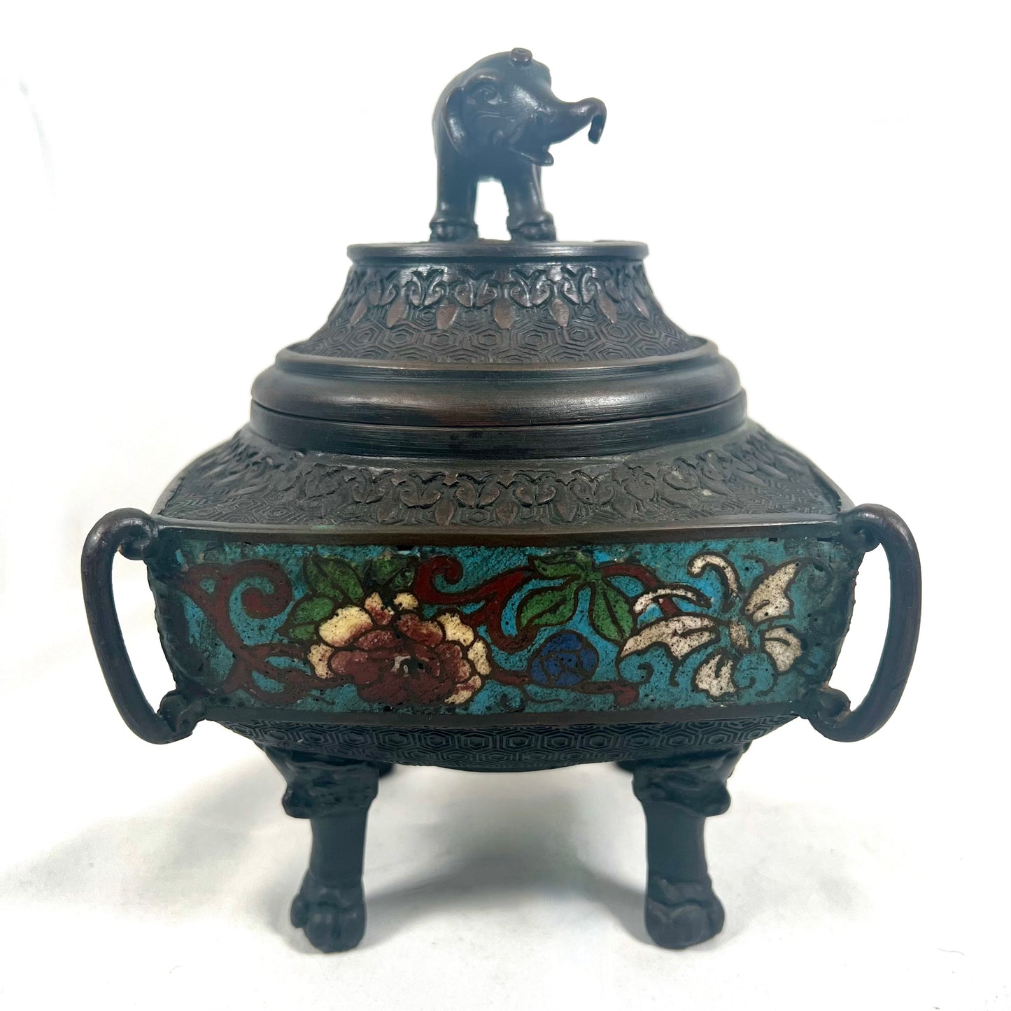 19 世纪末明治时期日本青铜珐琅香炉,大象饰顶