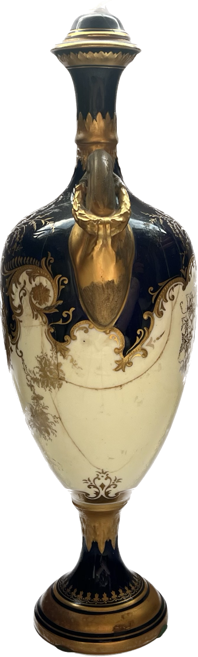 Late 19th century antique English lidded Coalport cobalt and gilt porcelain urn