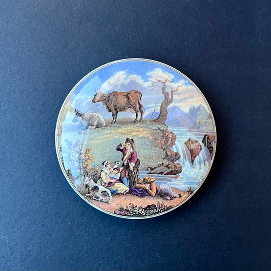 Mid to late 19th Century Victorian Prattware Pot Lid, Family Picnic and Countryside Waterfall Scene