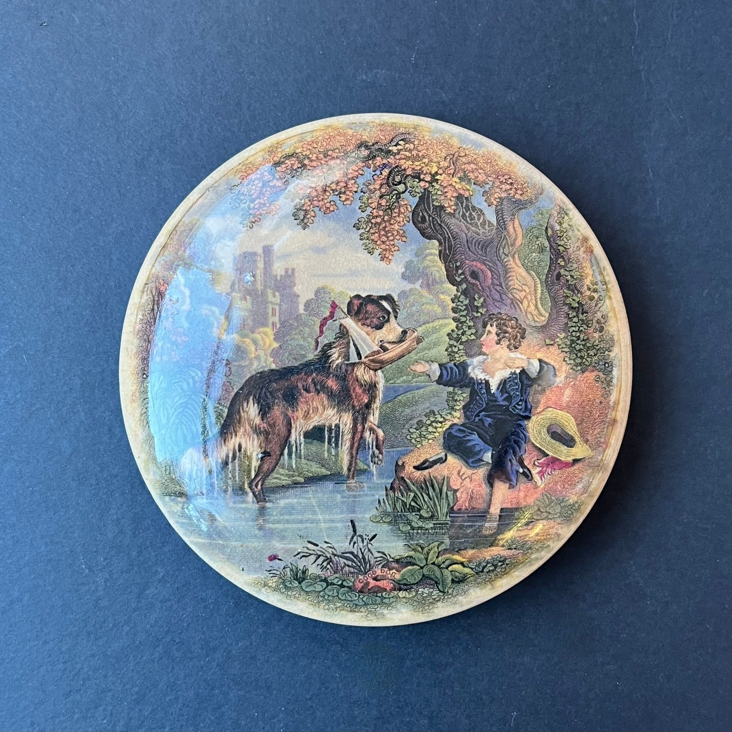 Mid to late 19th Century Victorian Prattware Pot Lid- "Good Dog", Rare Pattern