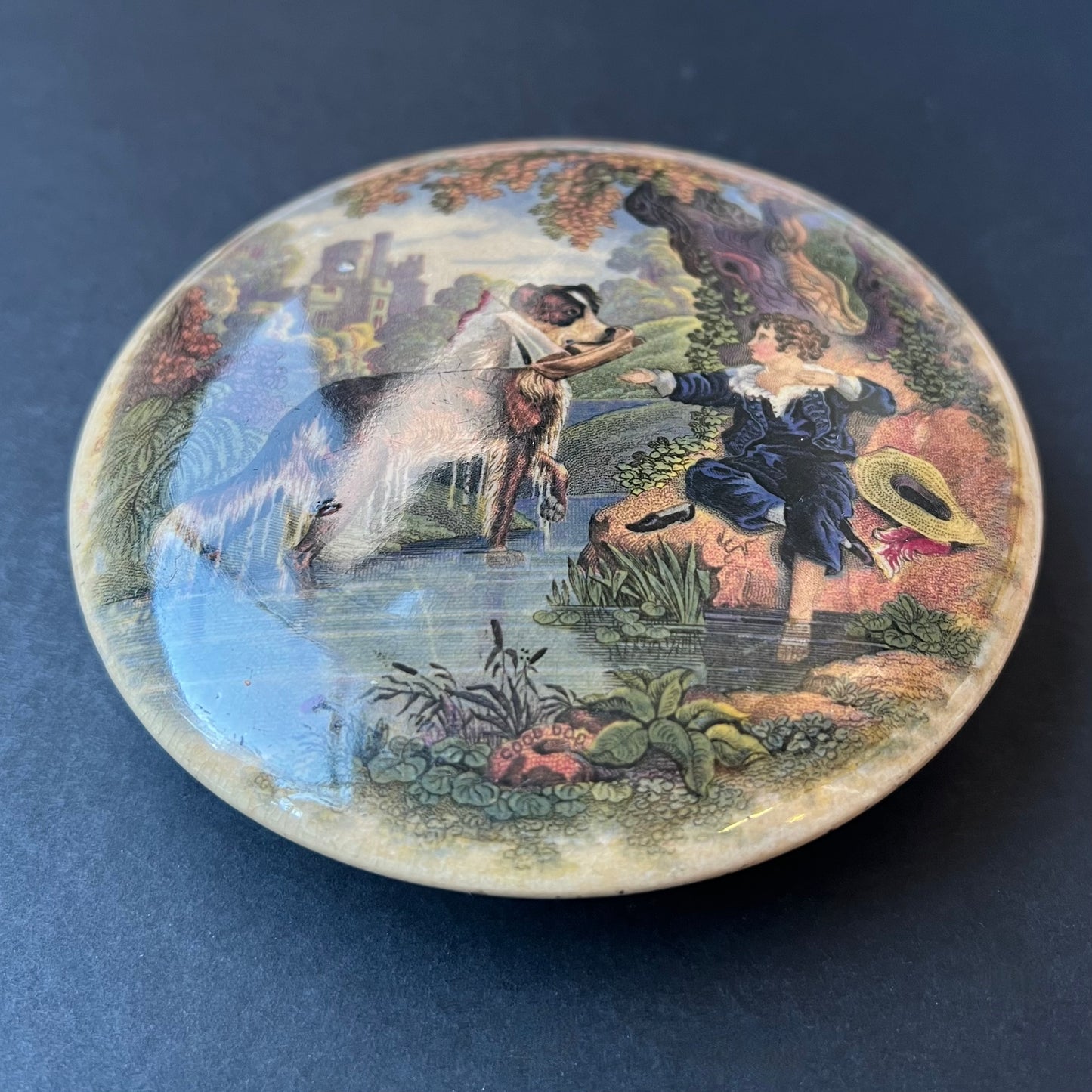 Mid to late 19th Century Victorian Prattware Pot Lid- "Good Dog", Rare Pattern