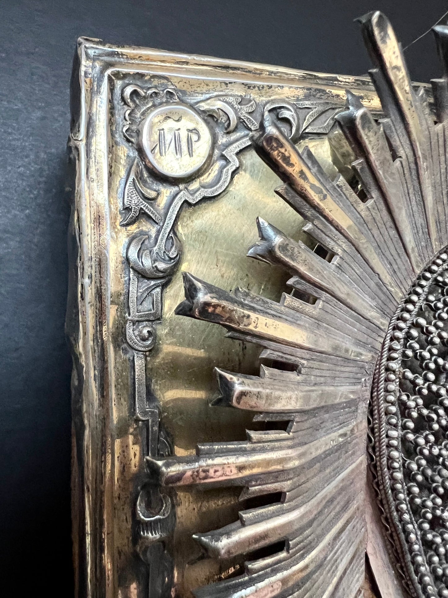 Antique Russian Orthodox icon depicting Madonna and the child Jesus in .875 Silver