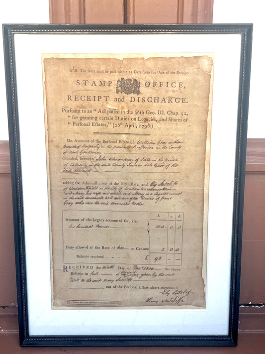 Framed Georgian estate document circa 1800 concerning one William Gray of Brafferton, Yorkshire
