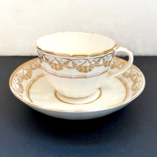 Antique Unmarked Regency Period English Porcelain Bute Teacup & Saucer, Fluted Body