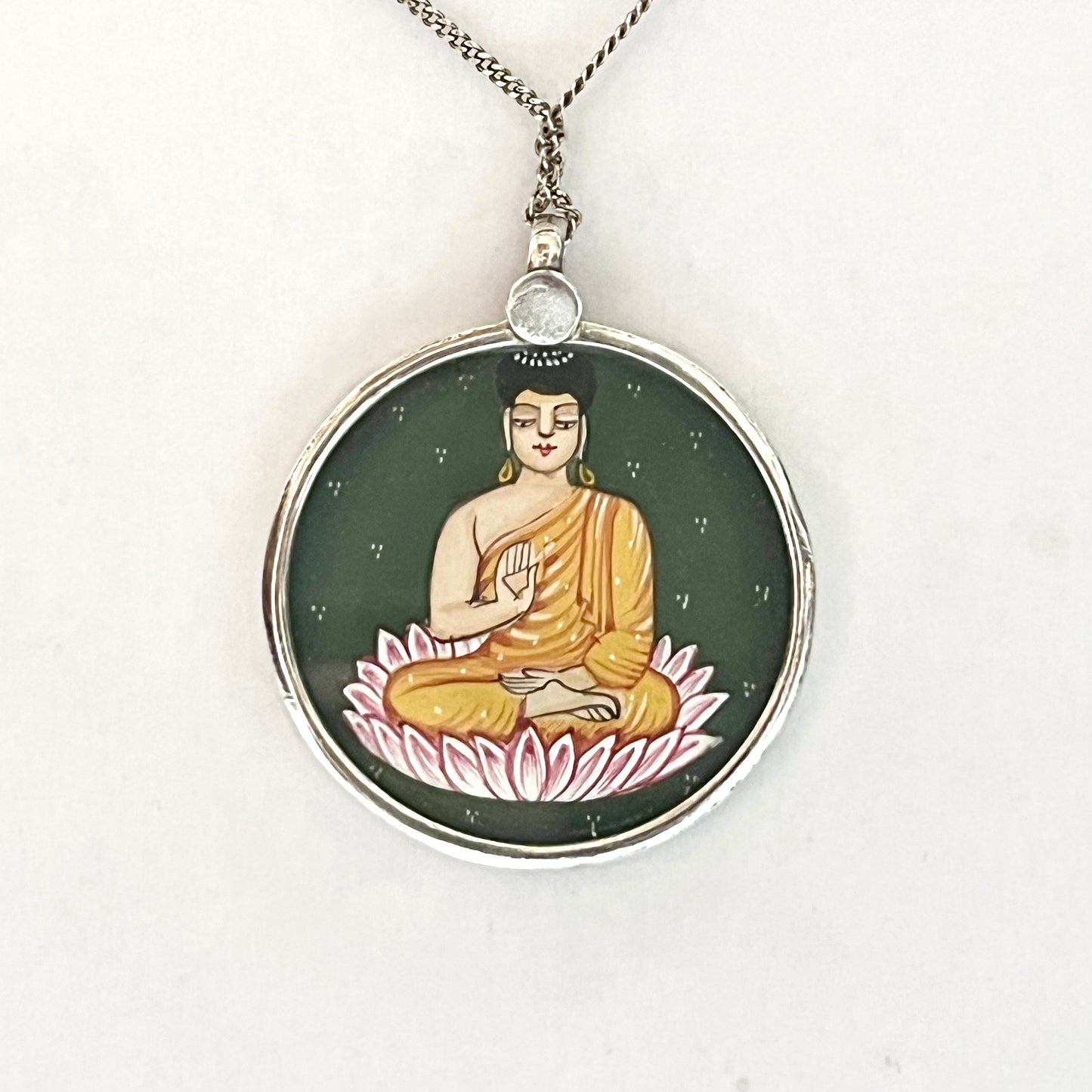 Vintage Hand Painted Indian Buddhist Pendant with Fine Italian Sterling Silver Chain