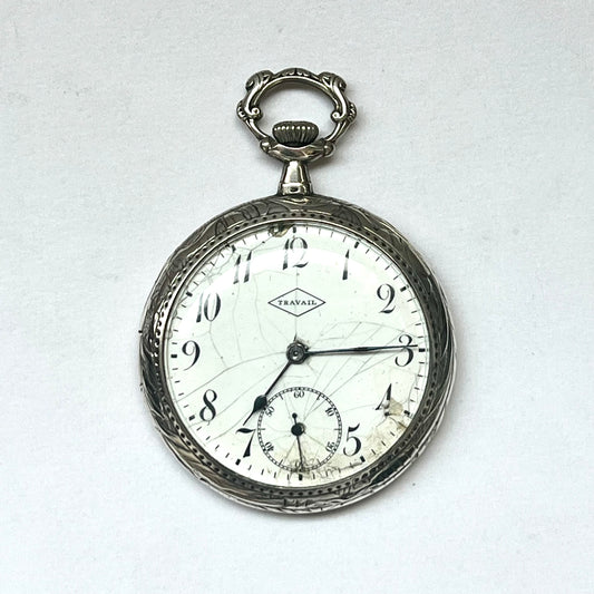 Antique 1920s .800 silver cased Swiss open face pocket watch with Travail watch movement, Art Nouveau style florals