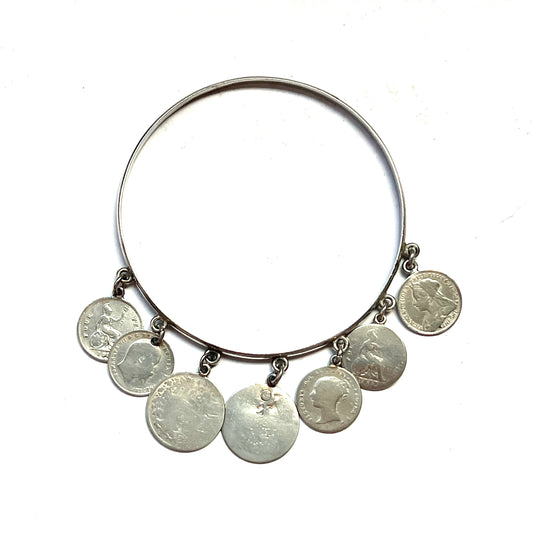 Vintage Tribal Silver Bangle with Antique English Sterling Pence Coins