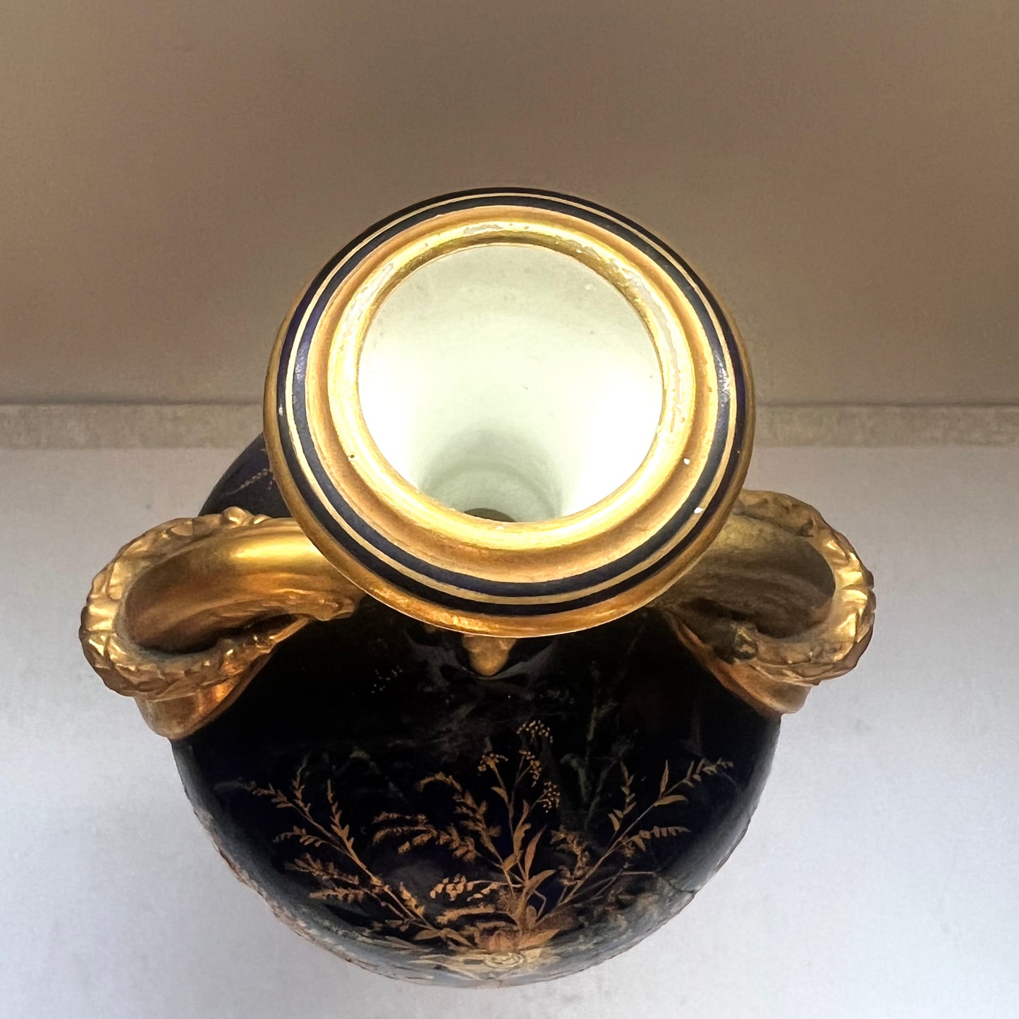 Late 19th century antique English lidded Coalport cobalt and gilt porcelain urn