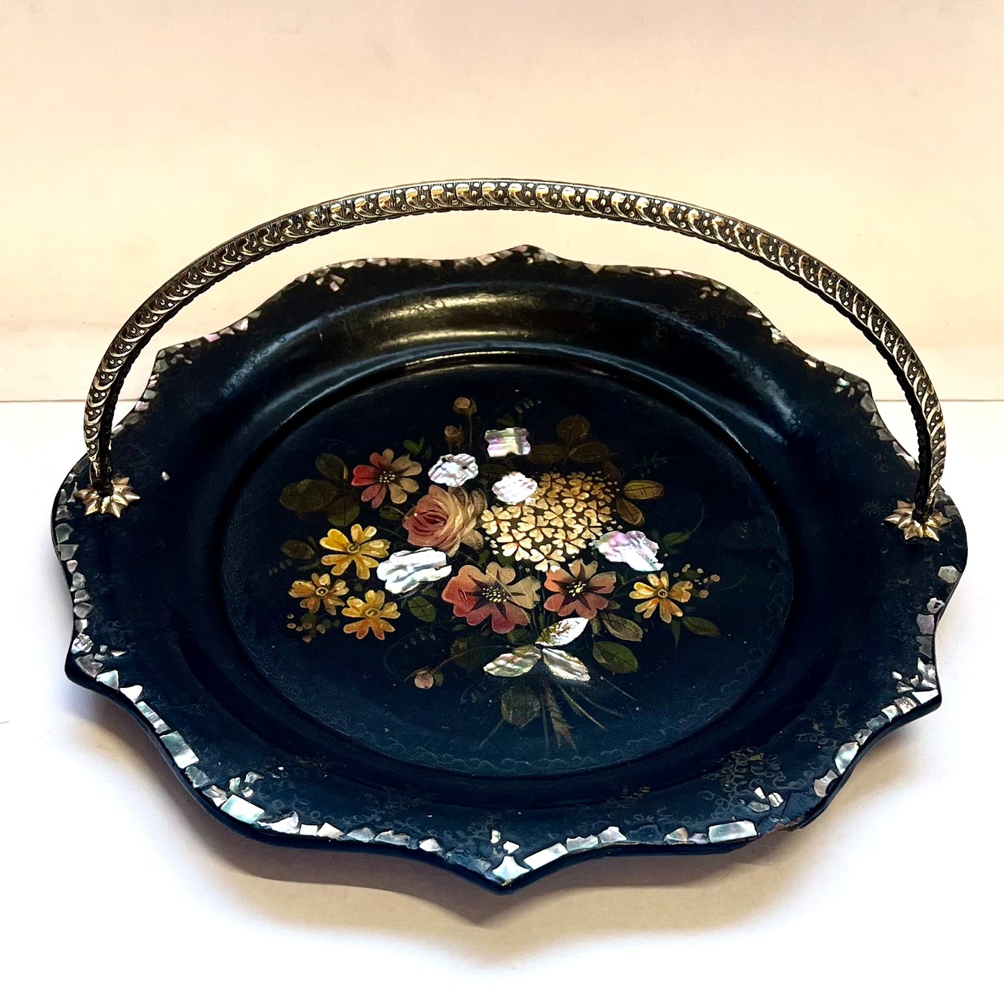 Mid to late Victorian brass-handled papier-mache tray and/or cake basket circa 1847-1870