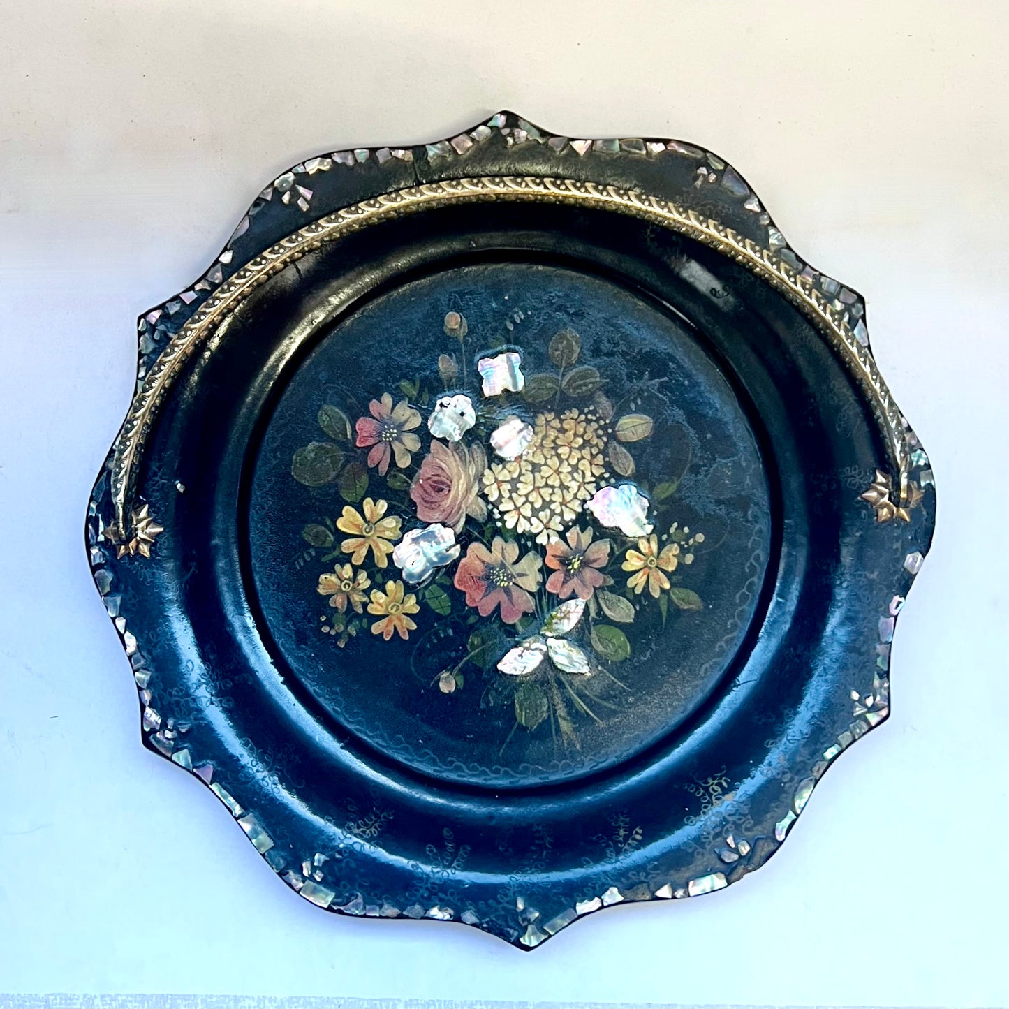 Mid to late Victorian brass-handled papier-mache tray and/or cake basket circa 1847-1870