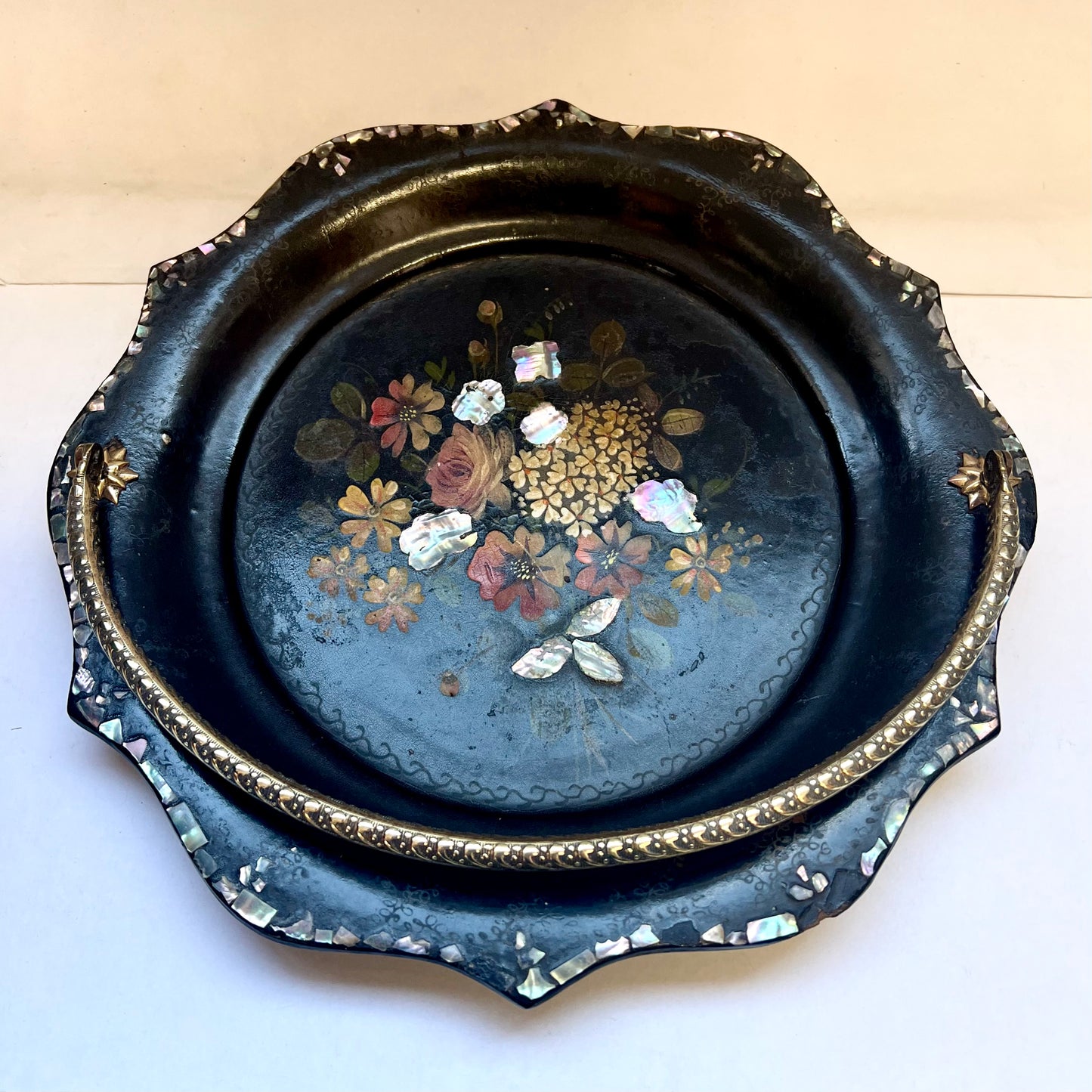 Mid to late Victorian brass-handled papier-mache tray and/or cake basket circa 1847-1870
