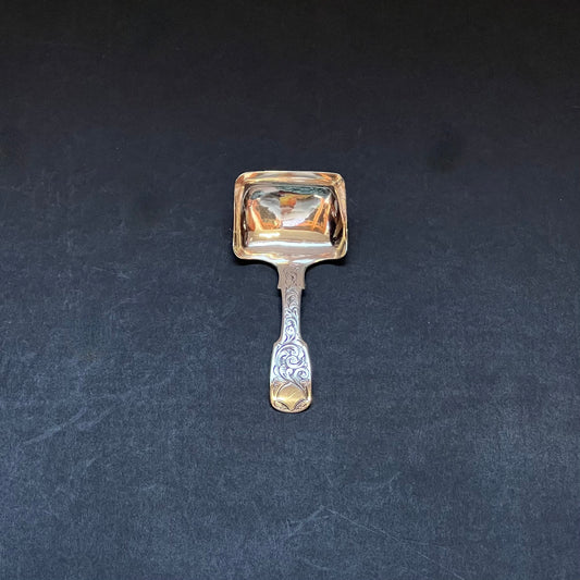 Victorian sterling silver bright-cut tea caddy spoon. Birmingham 1844, George Unite