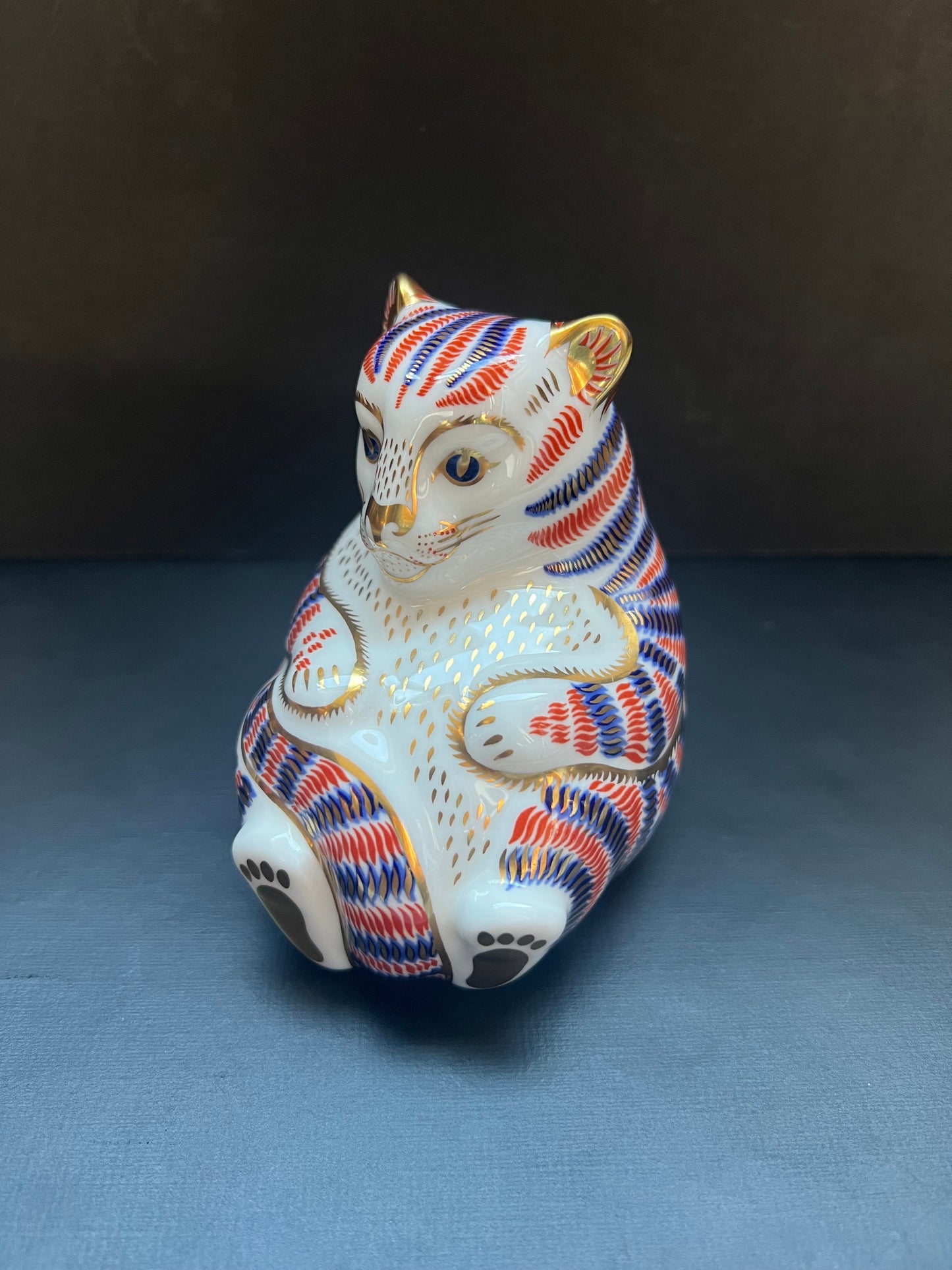Vintage Royal Crown Derby Cobalt and Gilt Limited Edition Tiger Cub Porcelain Paperweight or Figurine