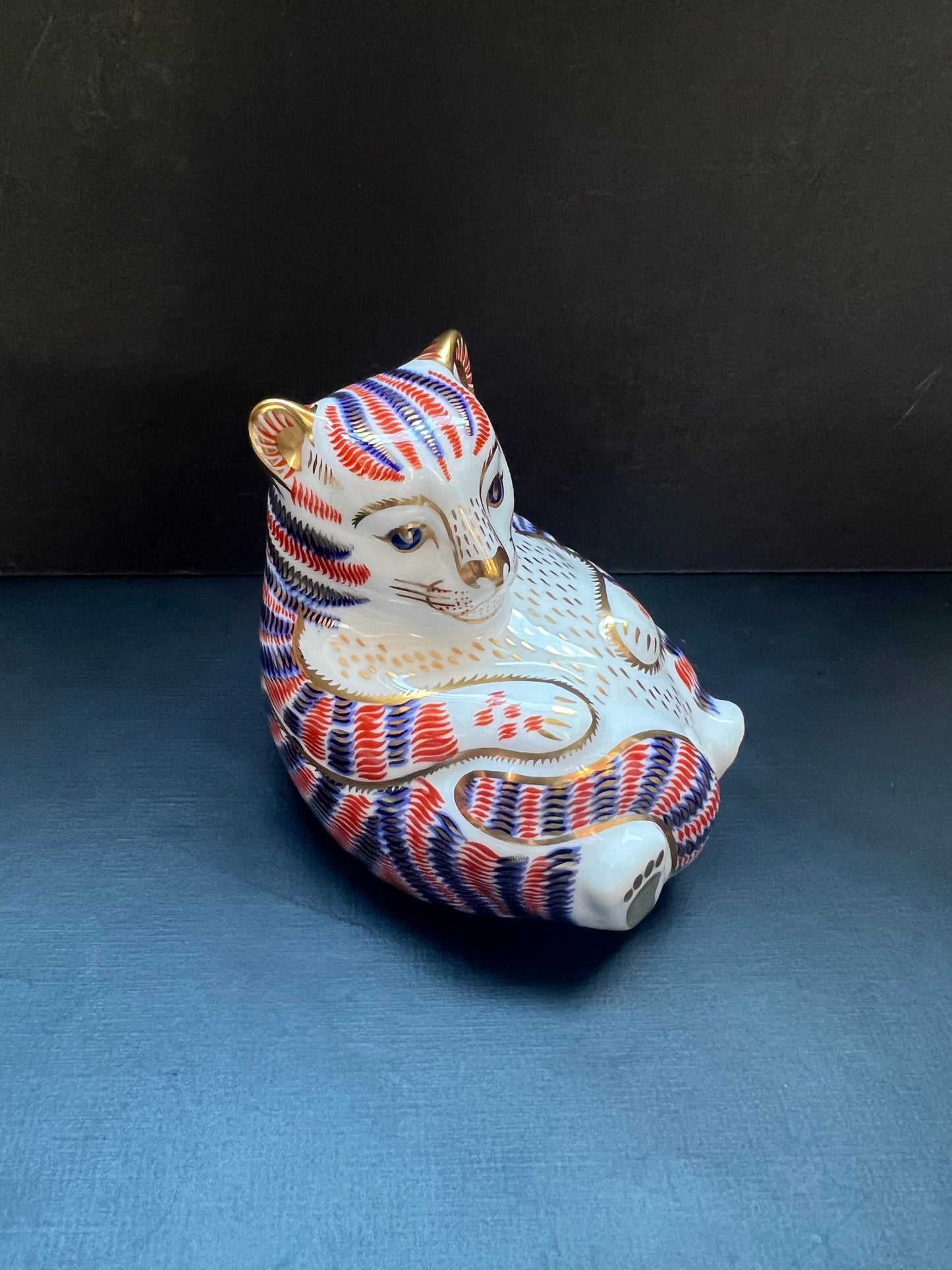 Vintage Royal Crown Derby Cobalt and Gilt Limited Edition Tiger Cub Porcelain Paperweight or Figurine