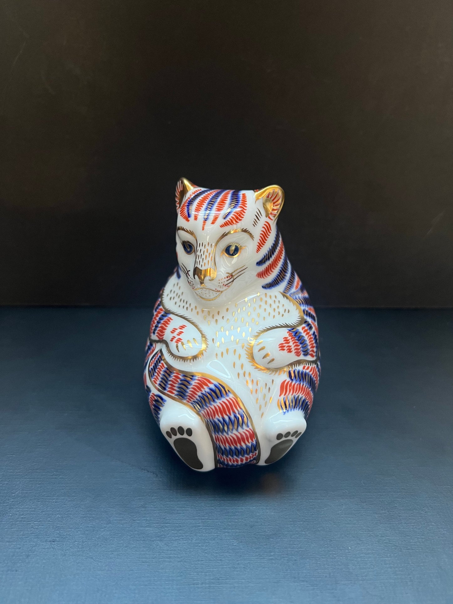 Vintage Royal Crown Derby Cobalt and Gilt Limited Edition Tiger Cub Porcelain Paperweight or Figurine