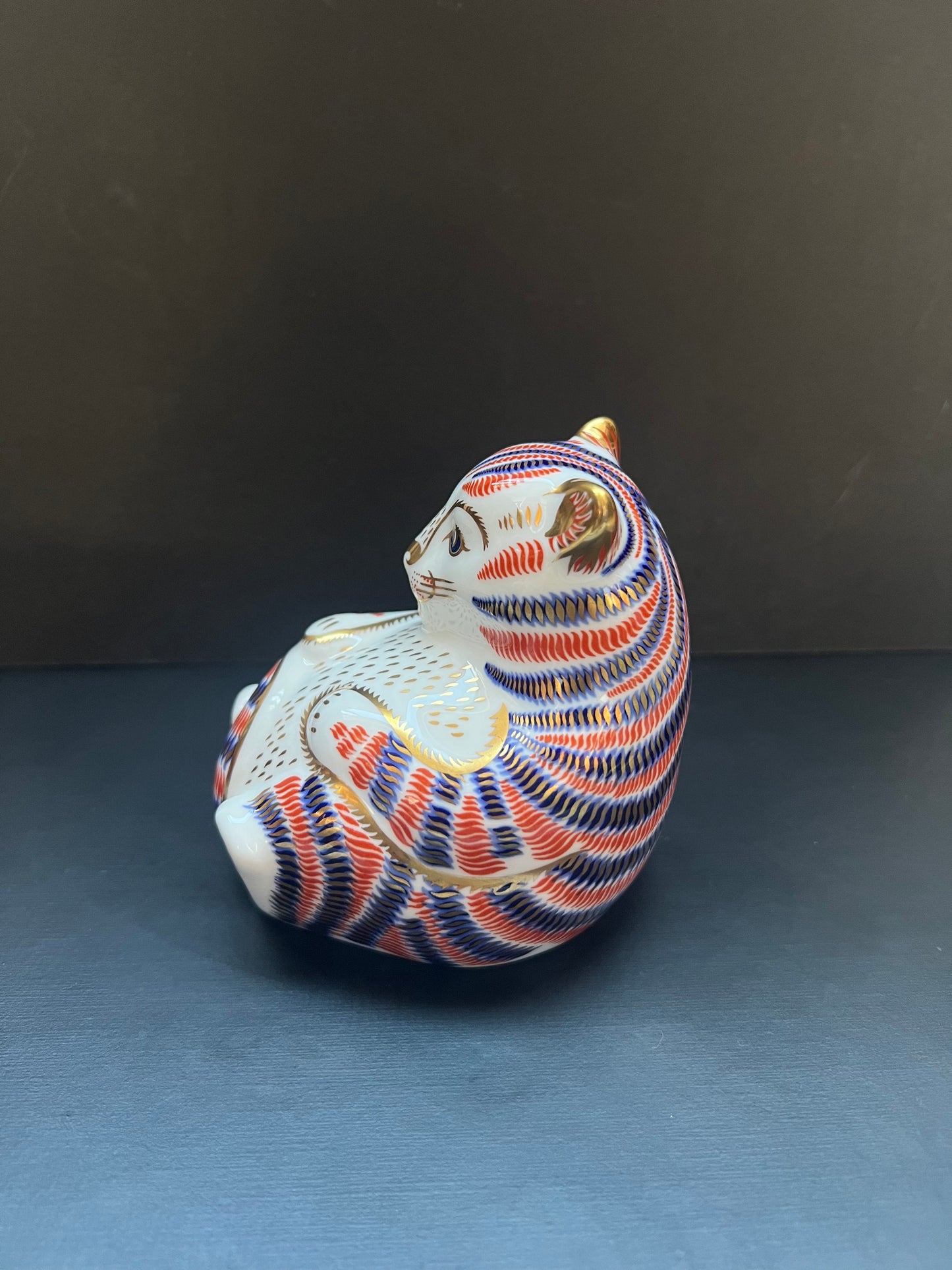 Vintage Royal Crown Derby Cobalt and Gilt Limited Edition Tiger Cub Porcelain Paperweight or Figurine